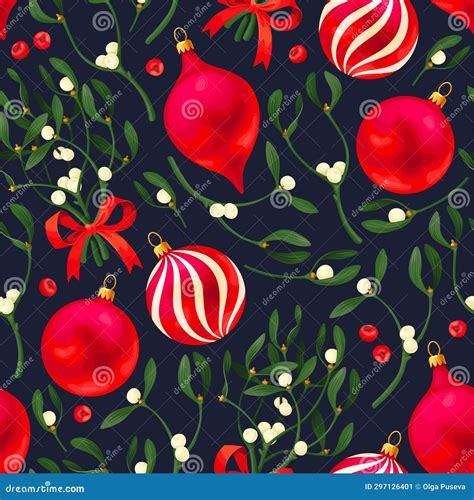 Vector Seamless Pattern With Mistletoe And Red Bow Stock Illustration