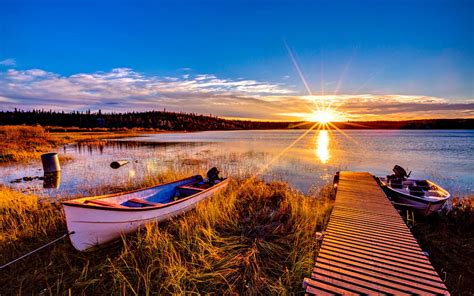October Sun Wooden Rays River Boat Sunlight Pier Sunbeams Peaceful Sunrise Beauty