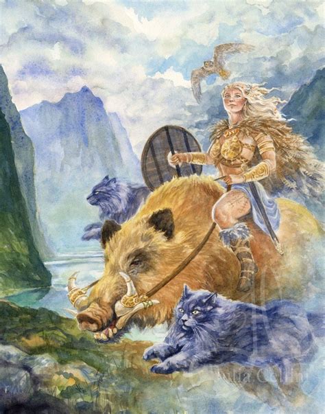 Freyja Norse Goddess And Boar Hildisv Ni Cats Freya Art Etsy Norse Goddess Norse Art Painting