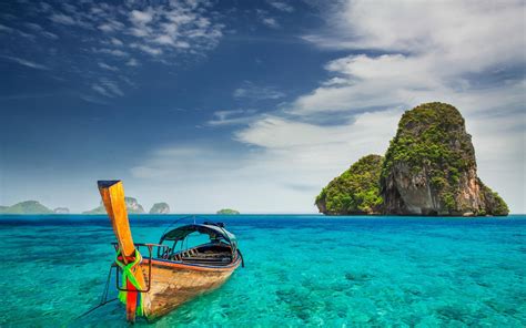 nature landscape beach tropical palm trees walkway boat thailand sea summer clouds hd wallpaper