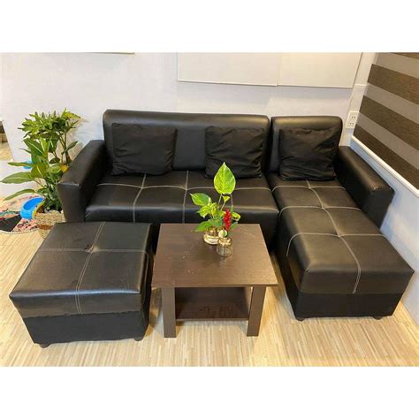 Sala Set L Shape Black Leather With Center Table Shopee Philippines