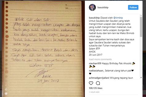 Lewat Secarik Kertas Ahok Ucapkan Terimakasih