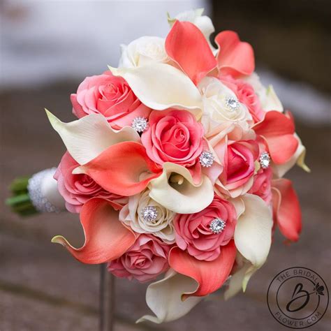 Coral Wedding Bouquet With Sparkly Gems Roses And Calla Lilies 9