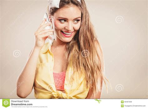 Retro Pin Up Girl Talking On Mobile Phone Stock Image Image Of Female