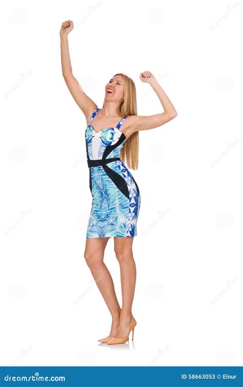 Blond Hair Girl In Mini Blue Dress Isolated On Stock Image Image Of