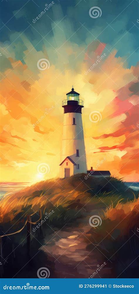 Impressionist Style Painting Of Plains Sunset With Lighthouse Stock
