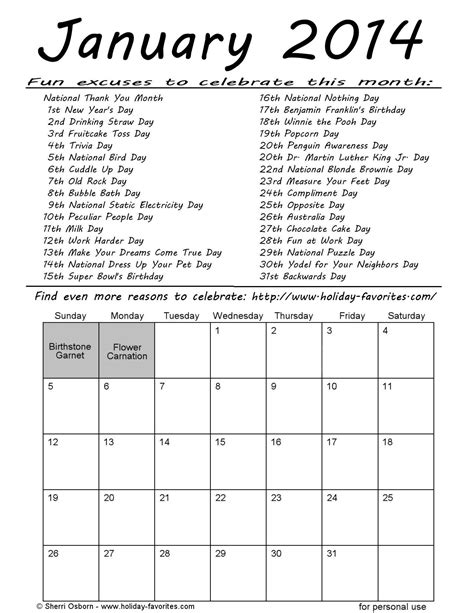 Printable January 2014 Calendars Holiday Favorites