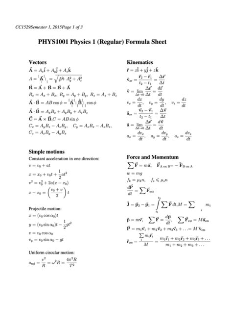 Phys1001 Physics 1 (Regular) Formula Sheet printable pdf download