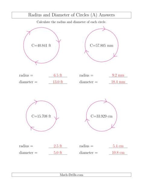 Calculate Radius And Diameter Of Circles From Circumference All
