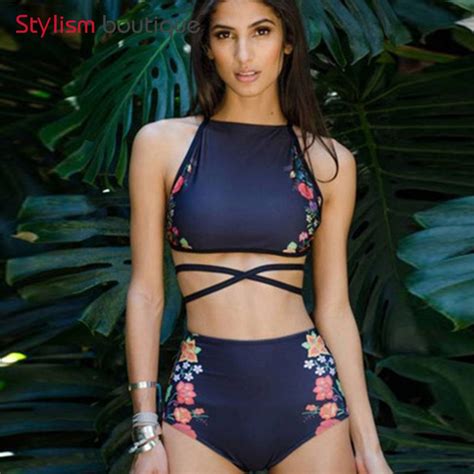 Floral Ethnic Printed High Waist Swimsuit Strappy Swimwear Sexy Women