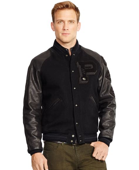 Also a silhouette of the man riding horse on elbow pads. Lyst - Polo Ralph Lauren Wool Varsity Jacket in Brown for Men