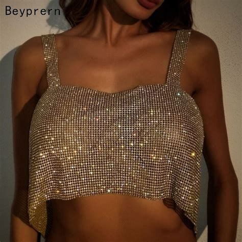 FREE SHIPPING Women Shiny Tank Tops Gold Sequined Metal Diamonds Crop