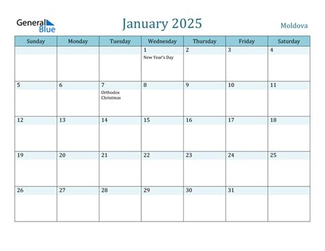 Moldova January 2025 Calendar With Holidays