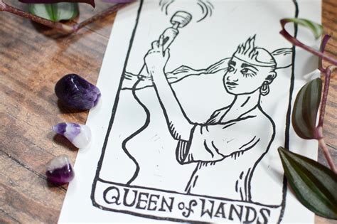 Queen Of Wands Tarot Card Original Linocut Print Etsy