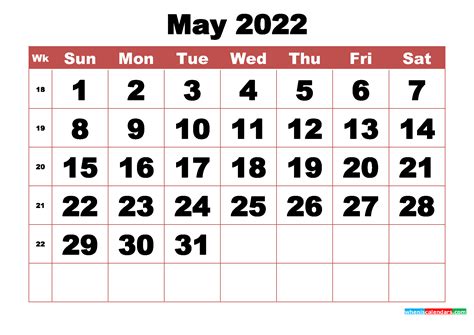 Free Printable May 2022 Calendar With Week Numbers Free Printable