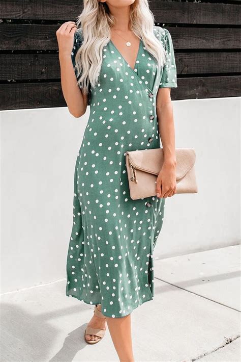 Green Polka Dot Button Down Aside Midi Dress Midi Dress Midi Dresses Online Dresses