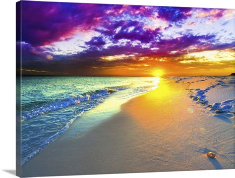 Purple And Blue Sunset Sandy Beach Ocean Shore Wall Art Canvas Prints