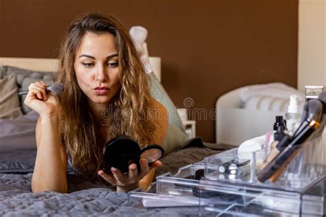 Beautiful Female Applying Face Tone Powder Foundation Blush Use Brush