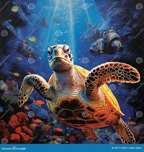 Cruising with Turtles: a Tranquil Encounter in the Deep Sea Stock Image