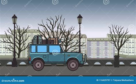 Animated Suv Car With Luggage On The Roof Trunk Riding Through Autumn