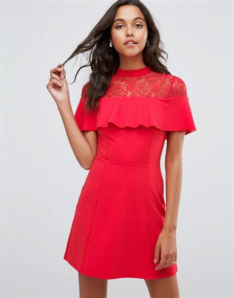 ASOS Mini Skater Dress With Lace Inserts And Ribbon Tie Red Mini