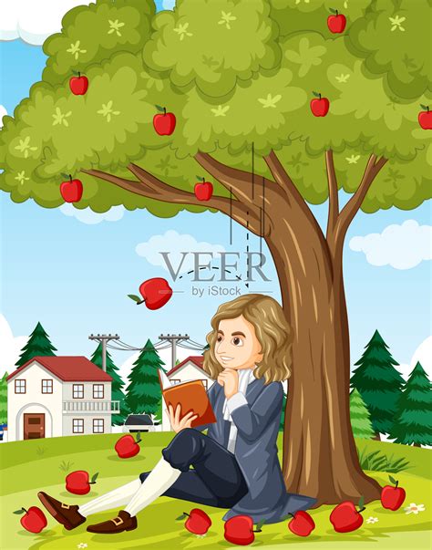 艾萨克·牛顿坐在苹果树下插画图片素材id418188646 Veer图库