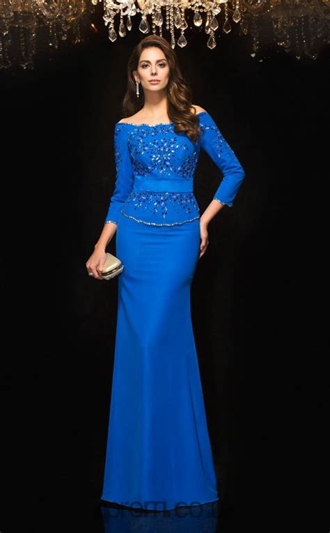 Light Royal Blue Chiffon Off The Shoulder 34 Length Sleeve Floor Length Mermaid Evening Dress