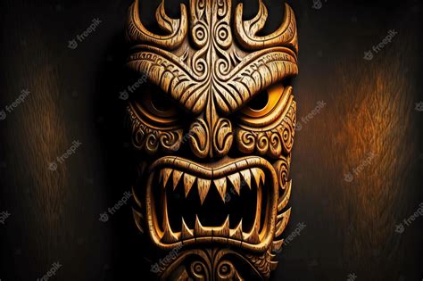 Premium Photo Awesome Angry Wooden Tiki Mask With Teeth