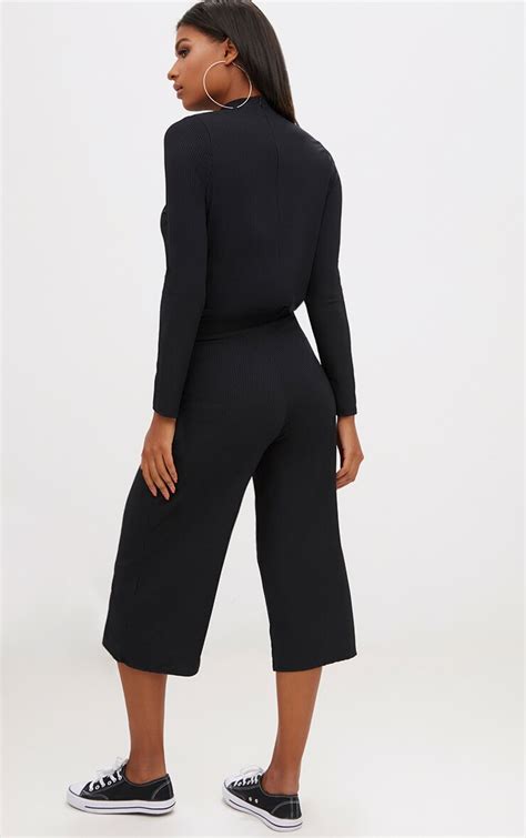 Black Ribbed High Neck Culotte Jumpsuit Prettylittlething