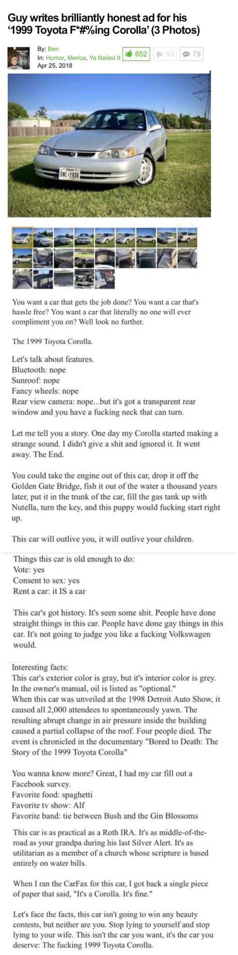 1999 Toyota Corolla Craigslist Ad