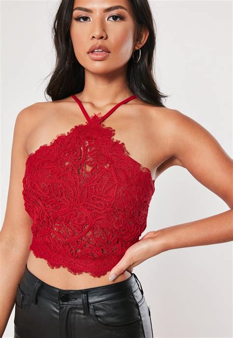 Red Lace Halterneck Crop Top Missguided