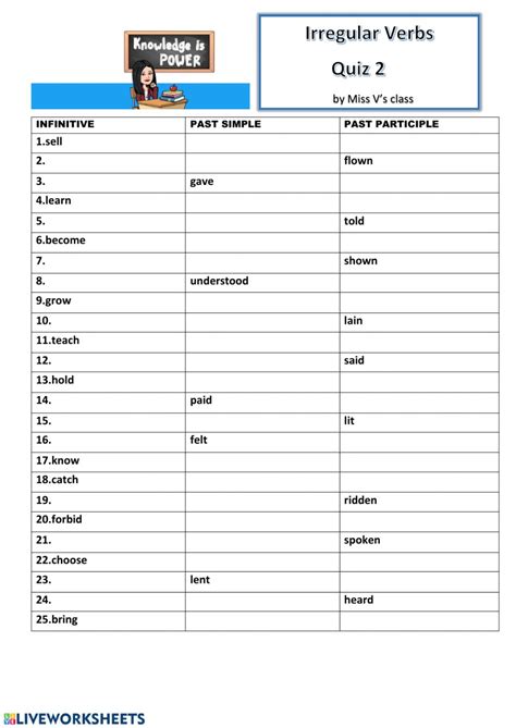 Geography quiz worksheets, a collection of geography pages, printouts, and activities for students. Irregular Verbs - Quiz 2 worksheet