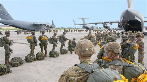 Massive Us Paratroopers Static Line Jump From C 17 And C 130 Aircraft