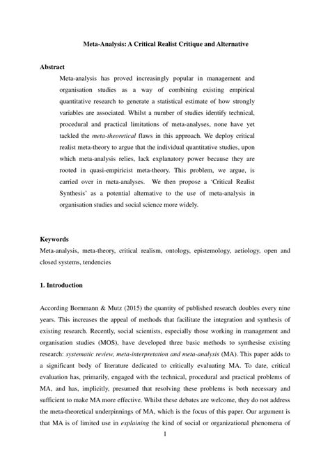 No matter what your for psychology students, critiquing a professional paper is a great way to learn more about psychology articles, writing, and the research process itself. (PDF) Critical Essay: Meta-analysis: A critical realist ...