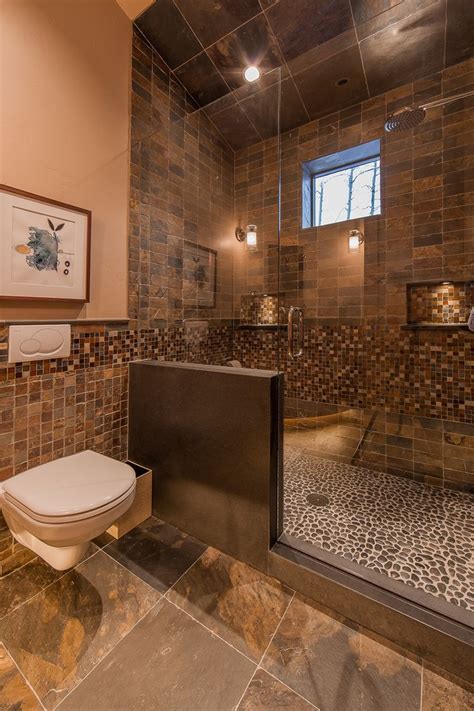 Pebble Bathroom Floor Rustic With Wood Tub Surround Natural Stone