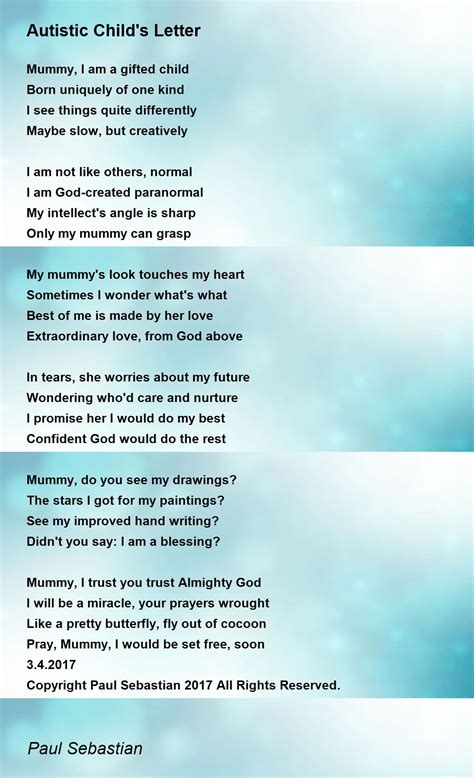Autistic Childs Letter By Paul Sebastian Autistic Childs Letter Poem