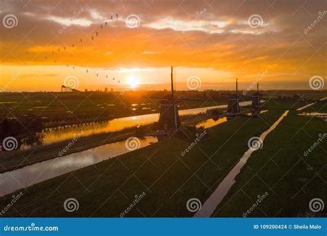 Sunrise In A Lanscape Of A Dutch Windmill With Birds Flying Stock Photo