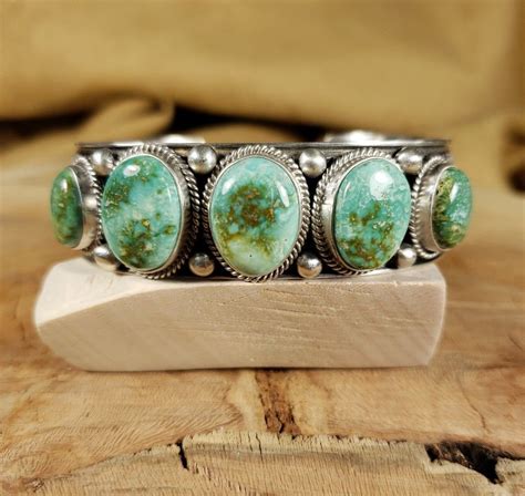 Handmade Turquoise Row Cuff Bracelet With Natural Lucky Peak Turquoise