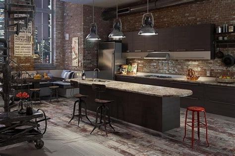 An Industrial Kitchen With Brick Walls And Lots Of Stools In Front Of