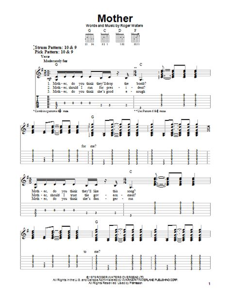 Mother Sheet Music Pink Floyd Easy Guitar Tab