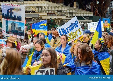 Demonstrators Protesting In The Streets Of New York To Show Solidarity For Ukraine Editorial