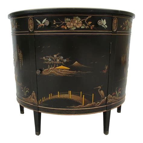 20th Century Chinoiserie Black Lacquered Demi Lune Commode Or Cabinet
