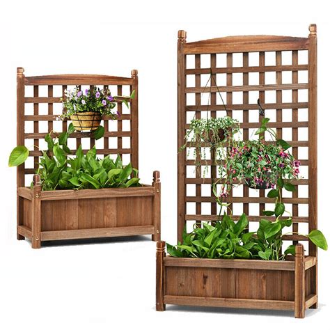 Wooden Garden Planter Plant Flowerpot Box With Trellis Support Patio