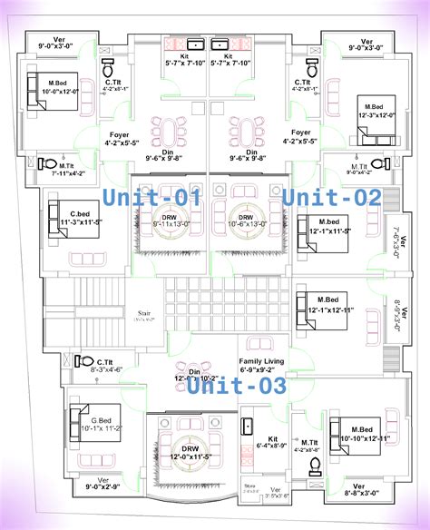 3 Unit Residential Building Plan In 3500 Square Feet First Floor Plan