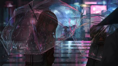 Download Wallpaper 2048x1152 Girl Umbrella Anime Rain Street Night Ultrawide Monitor Hd