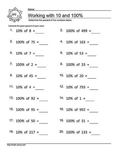 Percentage Worksheets For Finding 10 And 100 Of Numbers