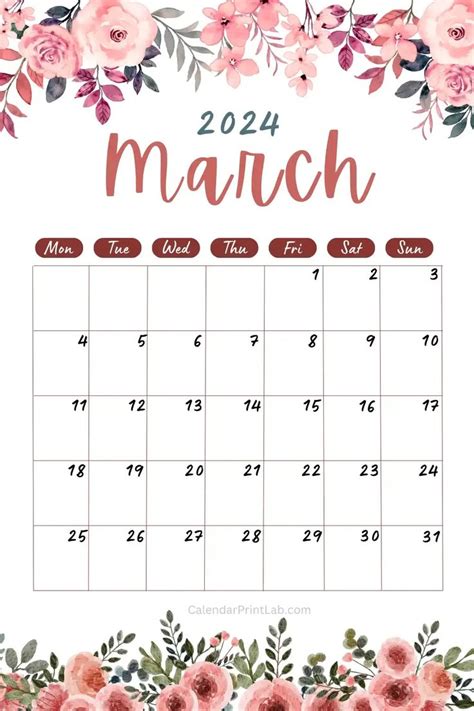 The March Calendar With Pink Flowers And Greenery Is Shown In This Free