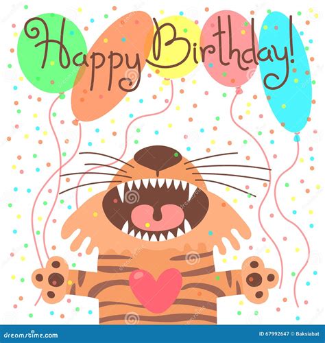 Cute Happy Birthday Card With Funny Tiger Stock Vector Illustration