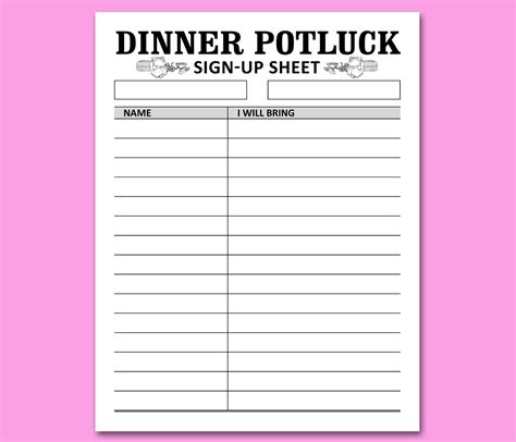 Dinner Potluck Sign Up Sheet Printable Template Office Celebration Co
