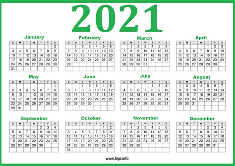 2021 Calendar Printable Free Hd Green Calendarp Printables Riset